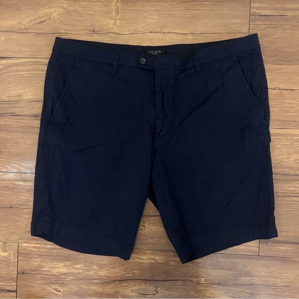 Ted Baker Flat Front Shorts Size 38 Dark Blue Cotton Blend
